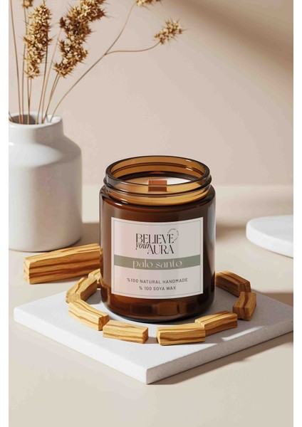Sandal Ağacı Kokulu Doğal Soya Mumu - Palo Santo Tütsü Dekorlu Ahşap Fitilli Kavanoz Mum - 240 cc