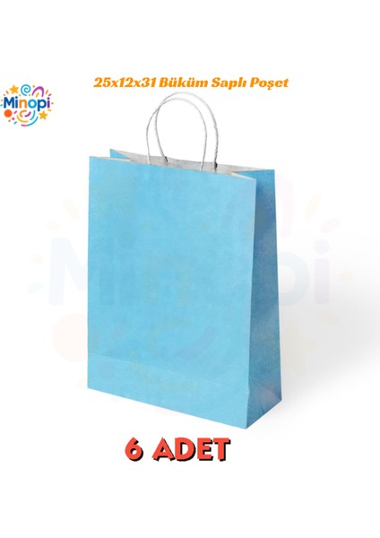 6 Adet Büküm Saplı Mavi Çanta 25X12X31 cm Kağıt Çanta