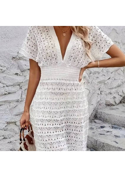 Kadın Kısa Kollu V Yakalı Örme Triko Elbise