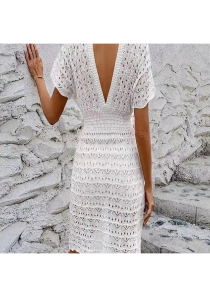 Kadın Kısa Kollu V Yakalı Örme Triko Elbise modelleri
