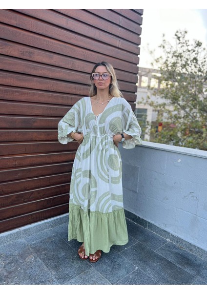 Bağlama Detaylı Yeşil Beyaz Uzun Elbise fiyatları