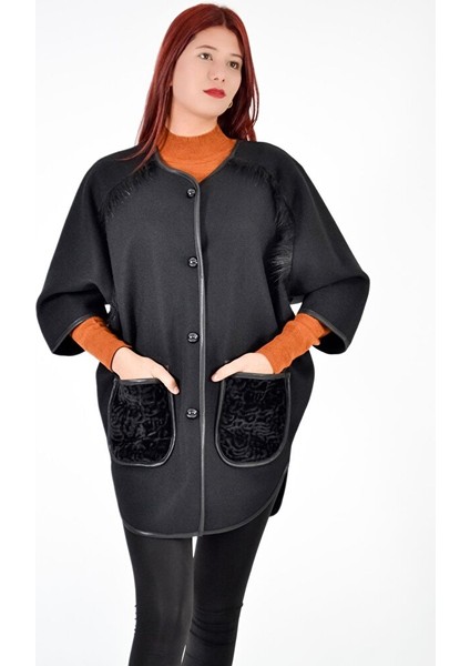 Omuz Saçaklı Cepli Panço-Siyah