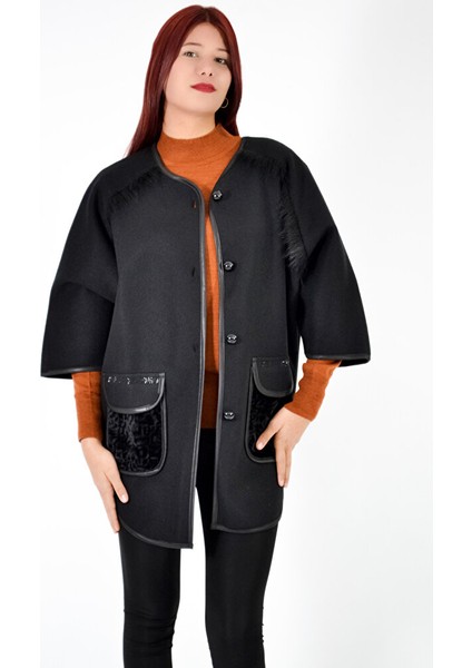 Omuz Saçaklı Cepli Panço-Siyah modelleri