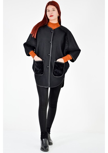 Omuz Saçaklı Cepli Panço-Siyah fırsatları