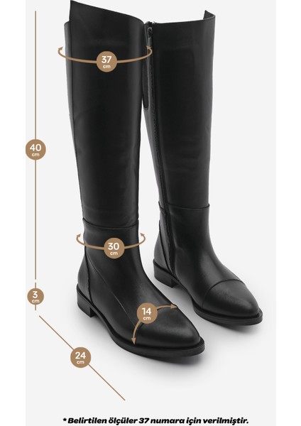 Kadın Hakiki Deri Günlük Çizme Dizaltı Fermuarlı Klasik Çizme Anis Siyah