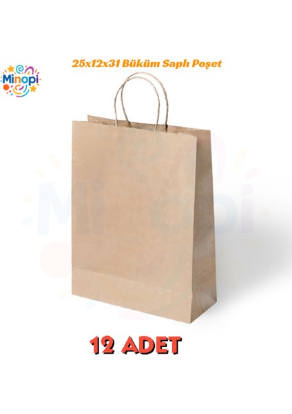 12 Adet Büküm Saplı Kraft Çanta 25X12X31 cm Kağıt Çanta