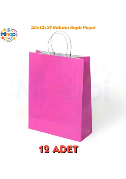 12 Adet Büküm Saplı Fuşya Çanta 25X12X31 cm Kağıt Çanta