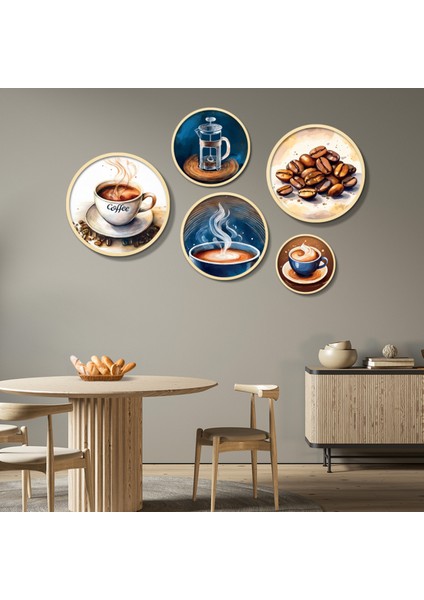 Yuvarlak Ahşap Çerçeveli Pastel Tonlarda Kahve Teması Tablo Seti