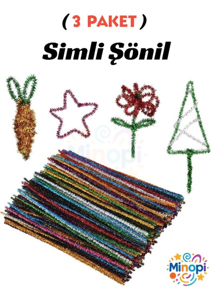 3 Paket Simli Şönil Renkli Paketi 25'li Renkli Tüylü Tel