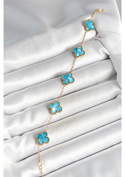 316L Çelik Sedefli Gökyüzü Mavisi Gold Renk Yonca Kadın Bileklik fiyatları