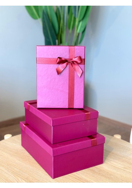 Dekoratif Fuşya Fiyonklu 3 Lü Hediye Kutusu Seti Sert Mukavva fiyatları