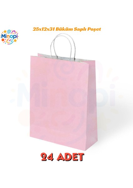 24 Adet Büküm Saplı Pembe Çanta 25X12X31 cm Kağıt Çanta