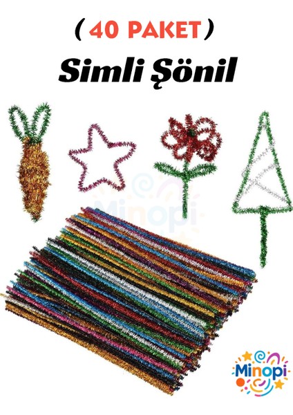 40 Paket Simli Şönil Renkli Paketi 25'li Renkli Tüylü Tel