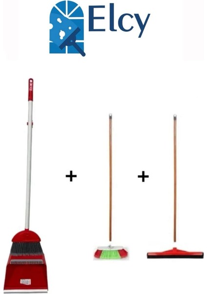 3 Lü Temizlik Seti Ahşap Saplı Fırça Çekpas Çekçek Lux Katlanabilir Faraş