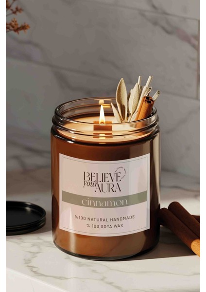 Tarçın Kokulu Doğal Soya Mumu - Adaçayı ve Tarçın Dekorlu Aromaterapi Kavanoz Mum - 240 cc