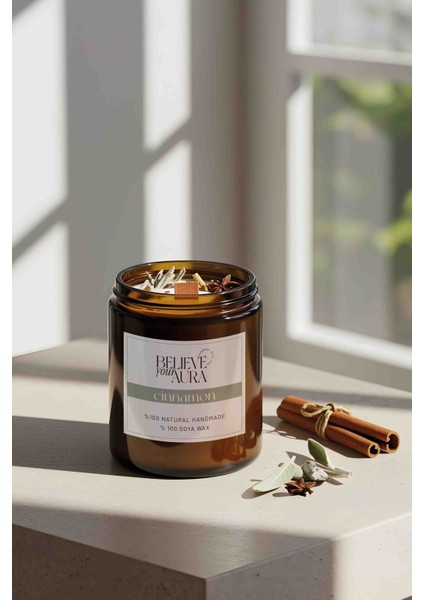 Tarçın Kokulu Doğal Soya Mumu - Adaçayı ve Tarçın Dekorlu Aromaterapi Kavanoz Mum - 240 cc