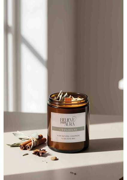 Tarçın Kokulu Doğal Soya Mumu - Adaçayı ve Tarçın Dekorlu Aromaterapi Kavanoz Mum - 240 cc