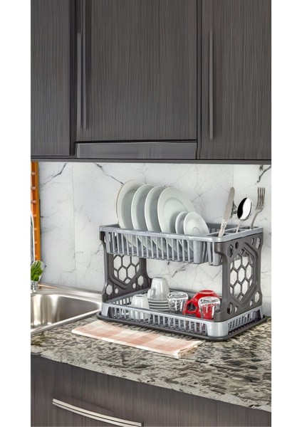 İki Katlı Plastik Tabak ve Bulaşık Kurutmalık 26,5x41x27,5 cm Mutfak Düzeni