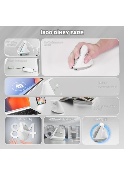I300 Kablosuz Ergonomik Dikey Mouse- 84GR-SESSIZ Tıklama- 57° AÇI-16.000 Dpı