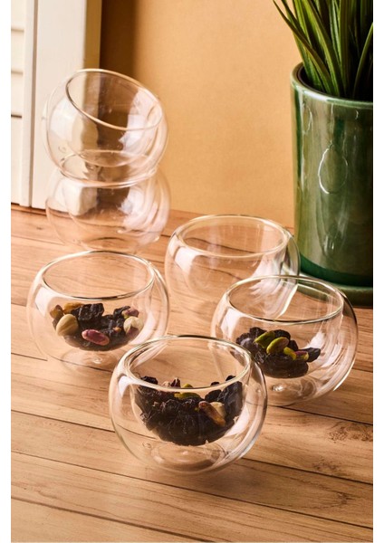 Bowy 6'lı Çift Cidarlı Cam Sosluk Reçellik Drajelik Lokumluk Kase 6,1x3,5 cm