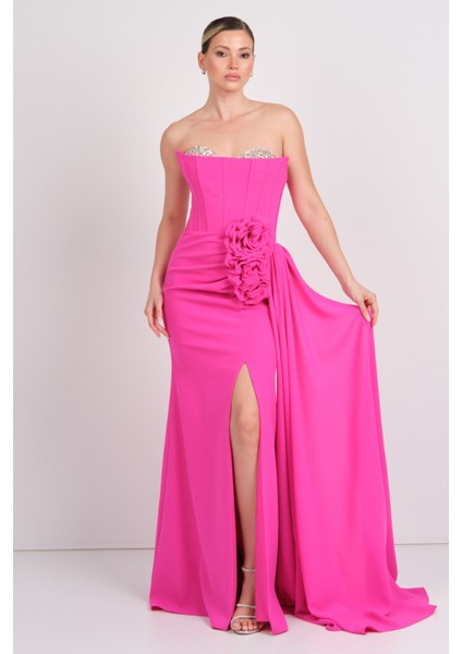 Kadın Straplez Korsajlı Balık Form Abiye Elbise 7639 Fuşya fiyatları