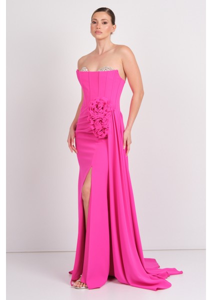 Kadın Straplez Korsajlı Balık Form Abiye Elbise 7639 Fuşya modelleri