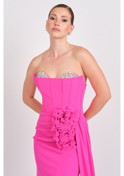 Kadın Straplez Korsajlı Balık Form Abiye Elbise 7639 Fuşya fırsatları