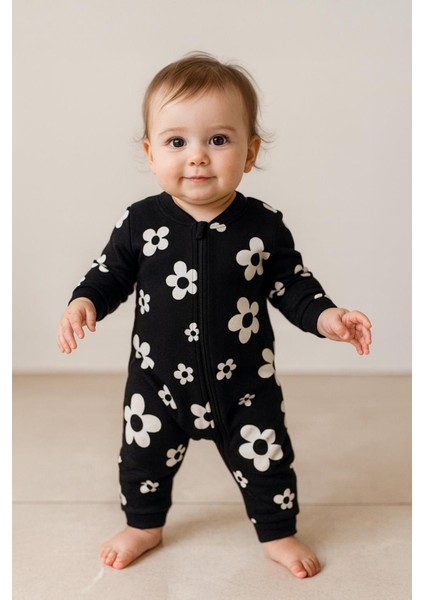 Unisex Bebek Papatya Desenli Pamuklu Siyah Tulum