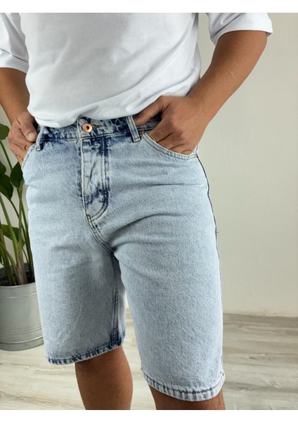 Kar Yıkamalı Açık Mavi Fit Likrasız Jean Kot Şort