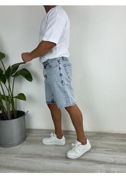 Kar Yıkamalı Açık Mavi Fit Likrasız Jean Kot Şort
