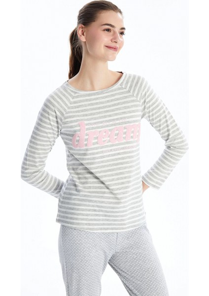 Lcw Dream Gri Bisiklet Yaka Baskılı Kadın Pijama Takımı modelleri
