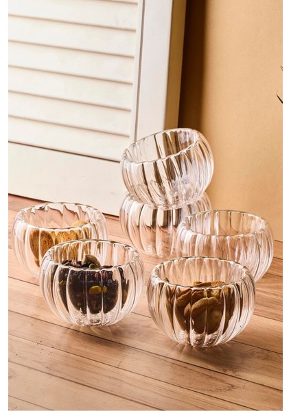 Bowy Line 6'lı Çift Cidarlı Cam Sosluk Reçellik Drajelik Lokumluk Kase 8x4,5 cm