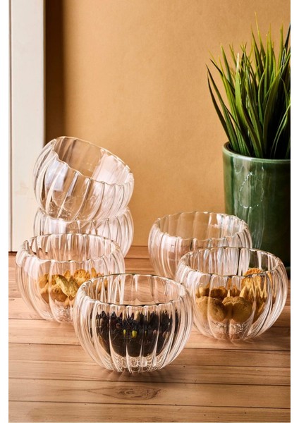 Bowy Line 6'lı Çift Cidarlı Cam Sosluk Reçellik Drajelik Lokumluk Kase 9x5,5 cm