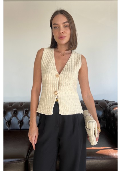 2 Düğmeli Selanik Örgülü Yelek- Taş