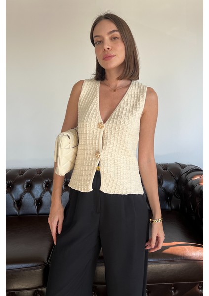 2 Düğmeli Selanik Örgülü Yelek- Taş indirimleri