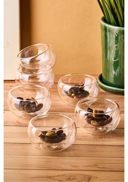 Bowy 6'lı Çift Cidarlı Cam Sosluk Reçellik Drajelik Lokumluk Kase 6x2,5 cm