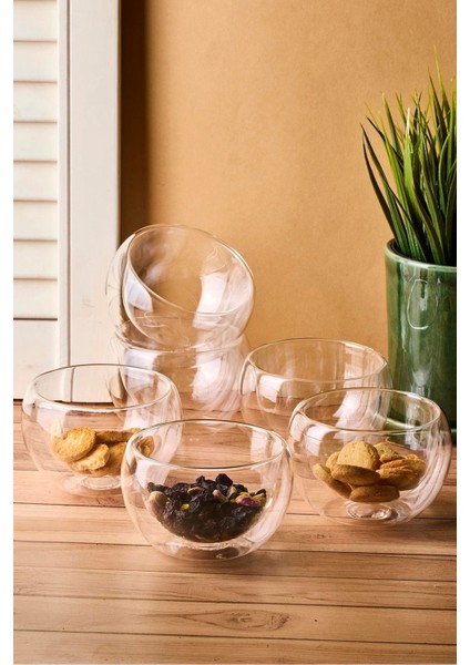 Bowy 6'lı Çift Cidarlı Cam Sosluk Reçellik Drajelik Lokumluk Kase 9x5,5 cm