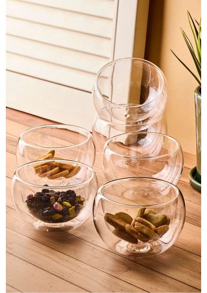 Bowy 6'lı Çift Cidarlı Cam Sosluk Reçellik Drajelik Lokumluk Kase 9x5,5 cm modelleri