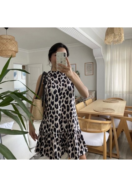 Kadın Kolsuz Sırttan Bağlamalı Fırfırlı Leopar Desenli Süprem Elbise modelleri