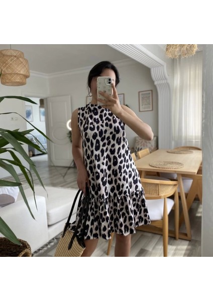 Kadın Kolsuz Sırttan Bağlamalı Fırfırlı Leopar Desenli Süprem Elbise fırsatları
