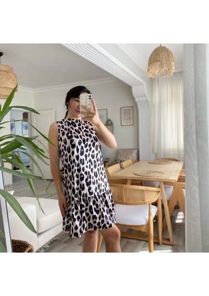 Kadın Kolsuz Sırttan Bağlamalı Fırfırlı Leopar Desenli Süprem Elbise indirimleri