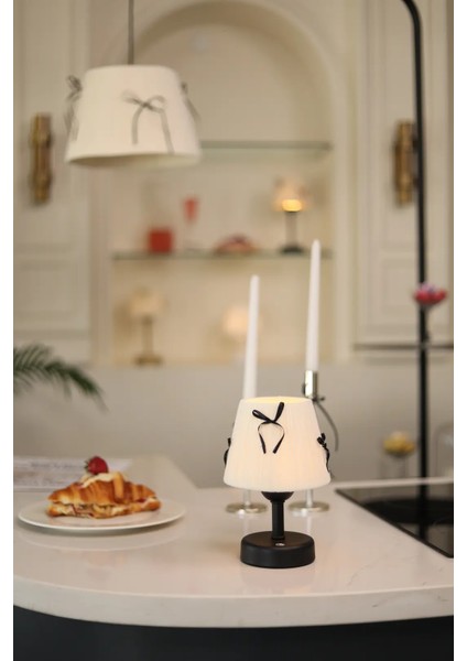 Krem Kadife Süet Siyah Fiyonk Kablosuz Şarjlı Masa Lambası - Alt Siyah indirimleri