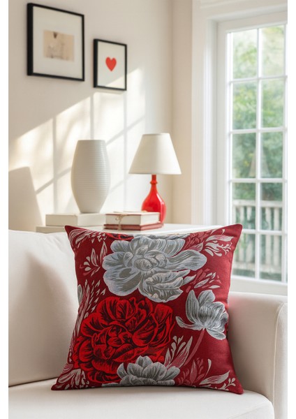 Çiçekli Kırlent Kılıfı Kırmızı 43X43