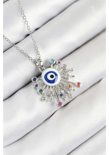 316L Çelik Zirkon Taşlı Nazar Model Gümüş Renk Kadın Kolye