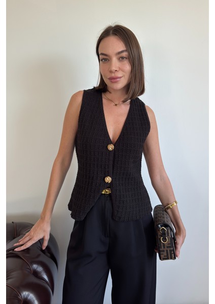 2 Düğmeli Selanik Örgülü Yelek- Siyah