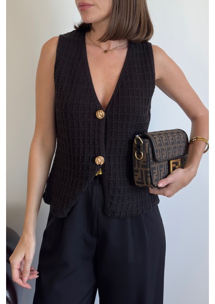 2 Düğmeli Selanik Örgülü Yelek- Siyah fiyatları