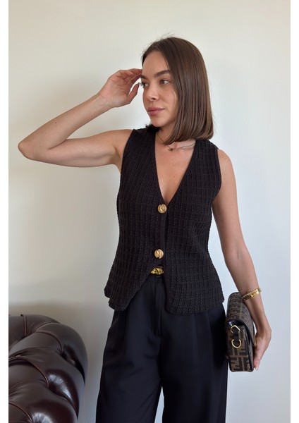 2 Düğmeli Selanik Örgülü Yelek- Siyah modelleri