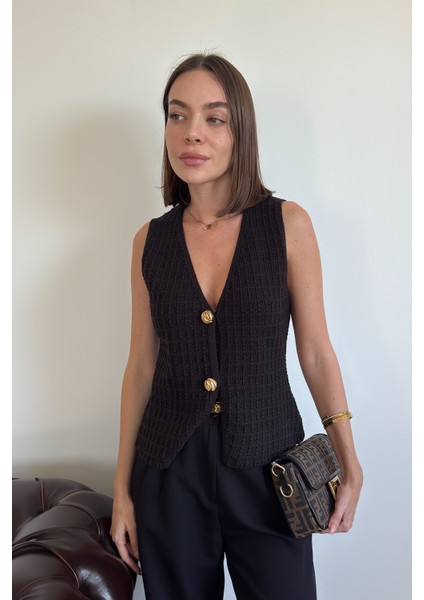 2 Düğmeli Selanik Örgülü Yelek- Siyah indirimleri