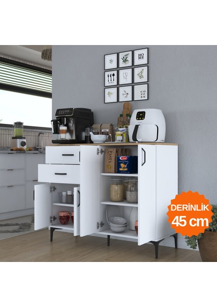 JE210 Kahve Köşesi Çok Amaçlı Dolap 4 Kapaklı 2 Çekmeceli Kiler Mutfak Dolabı Beyaz - Sepet Ceviz modelleri