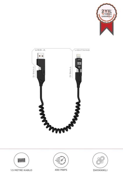 U110 Siyah 4'ü 1 Arada ( Type-C , Lightning , Usb-A,) 65 W Super Hızlı Akordiyonlu Şarj Kablosu